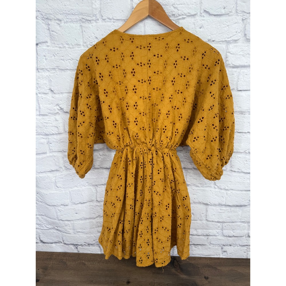 ByTogether Eyelet Mini Dress M Mustard Boho Cottagecore Prairie Puff Sleeve - Picture 8 of 12